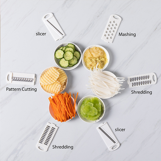 Handheld Chopper, Slicer, Grater, Mashing and Shredding for Vegetable, Potato, Radish, Carrot, Multifunctional Blades, Brush and Peeler with Container and Drain Basket. All in one sets