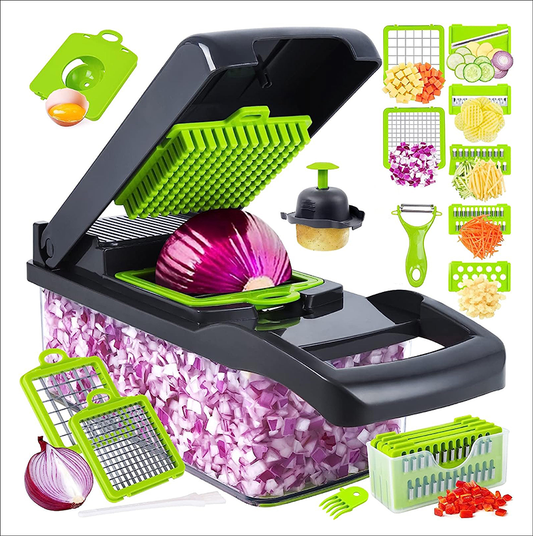 Chopper, Slicer and Grater for Vegetable, Melons, Onion, Garlic, Radish, Carrot, Chocolate, Cheese, Potatoes, Tomatoes, Cucumbers, Ginger. Multifunctional Blades